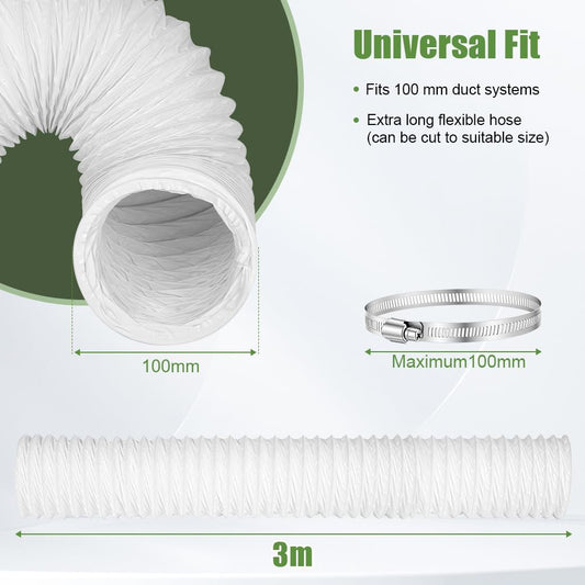 Tube Evacuation Climatiseur Mobile, Tuyau Ventilation En PVC, Ø100 mm, Tuyau D'évacuation D'air Flexible Avec Collier De Serrage Inox, Pour Climatisation Sèche-Linge Extracteur D'Air(3M)
