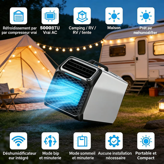 Climatiseur Mobile Silencieux 5000 BTU Pour Camping-Car, Tente Et Camion, Refroidisseur D’Air De Camping Multifonction, Mode Nuit, Minuterie, Télécommande, Usage Intérieur Extérieur Gray