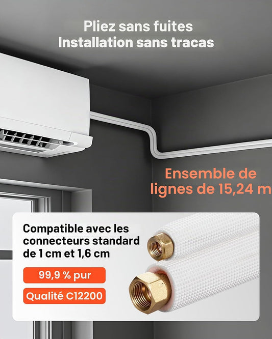 VEVOR Kit Liaison Frigorifique Tuyau En Cuivre Mini-split 9,5 Mm 15,9 Mm Diamètre Extérieur, 15,2 M Longueur, Bobine Isolée PE Blanc Épais 9,5 Mm Avec Écrous, Raccords, Pour Mini Climatiseurs Split