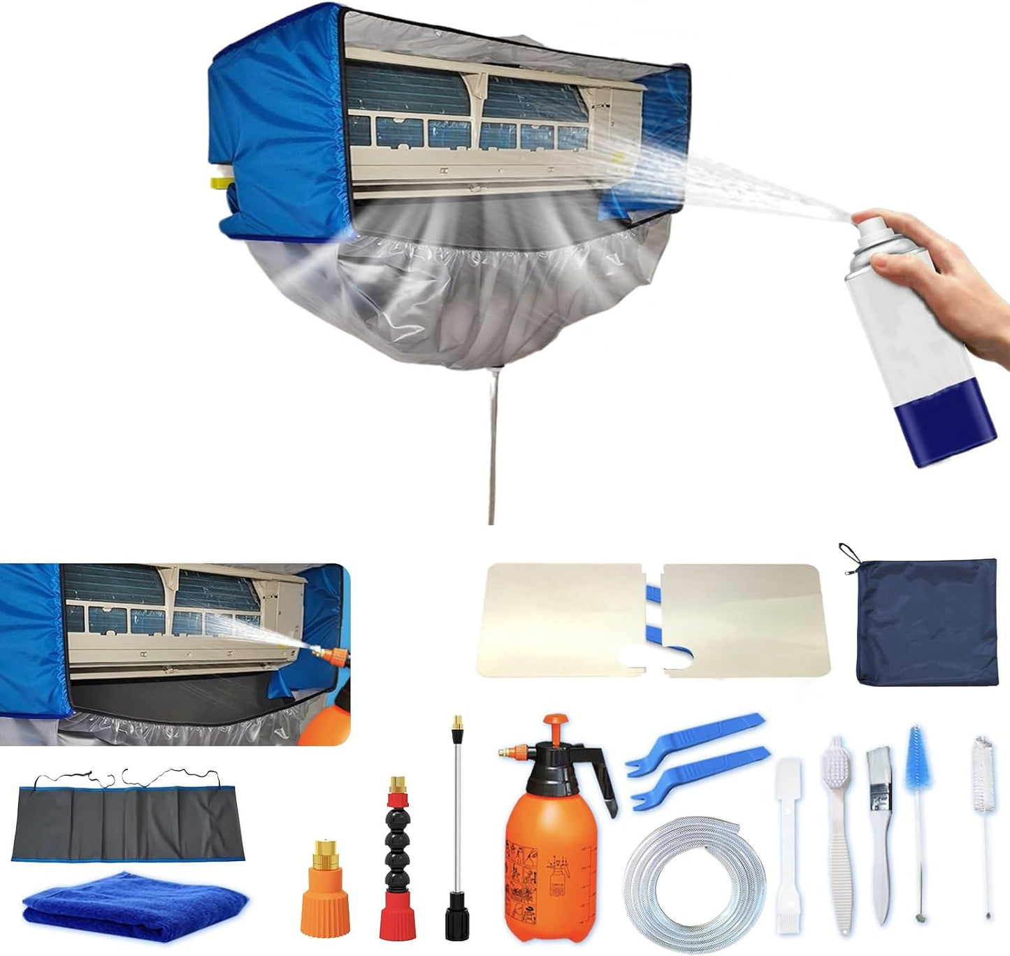 Kit De Nettoyage Pour Climatiseur Split(Panneaux Latéraux Améliorés), Avec Un Espace Supplémentaire Sac De Nettoyage Pour Climatiseur Split(Bleu Foncé, Petit, 18 Pièces)