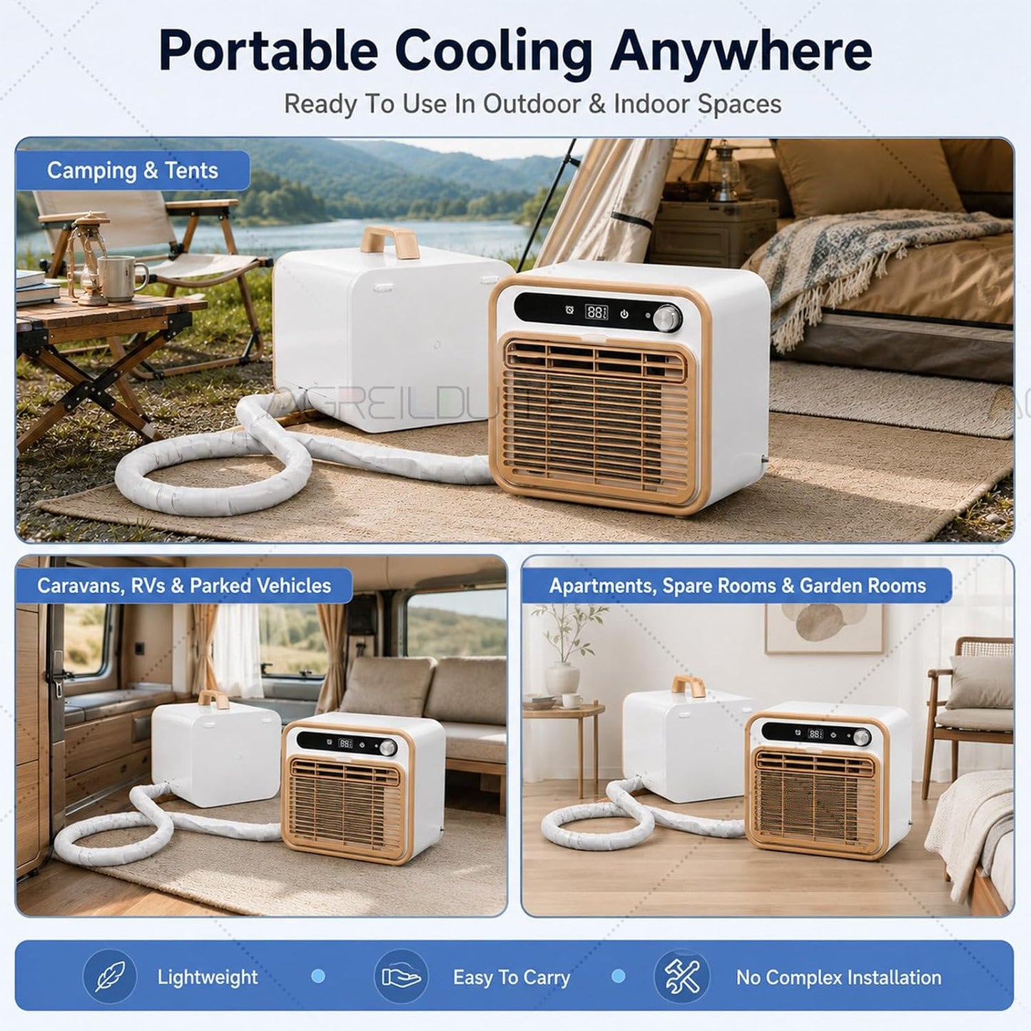 Climatiseur Split Portable 1500W, Climatiseur De Tente Silencieux <40dB Pour Camping Avec Minuteur 12H, Télécommande Tactile & Commande App, Pour Camping-Car & Caravane 1m-Pipe