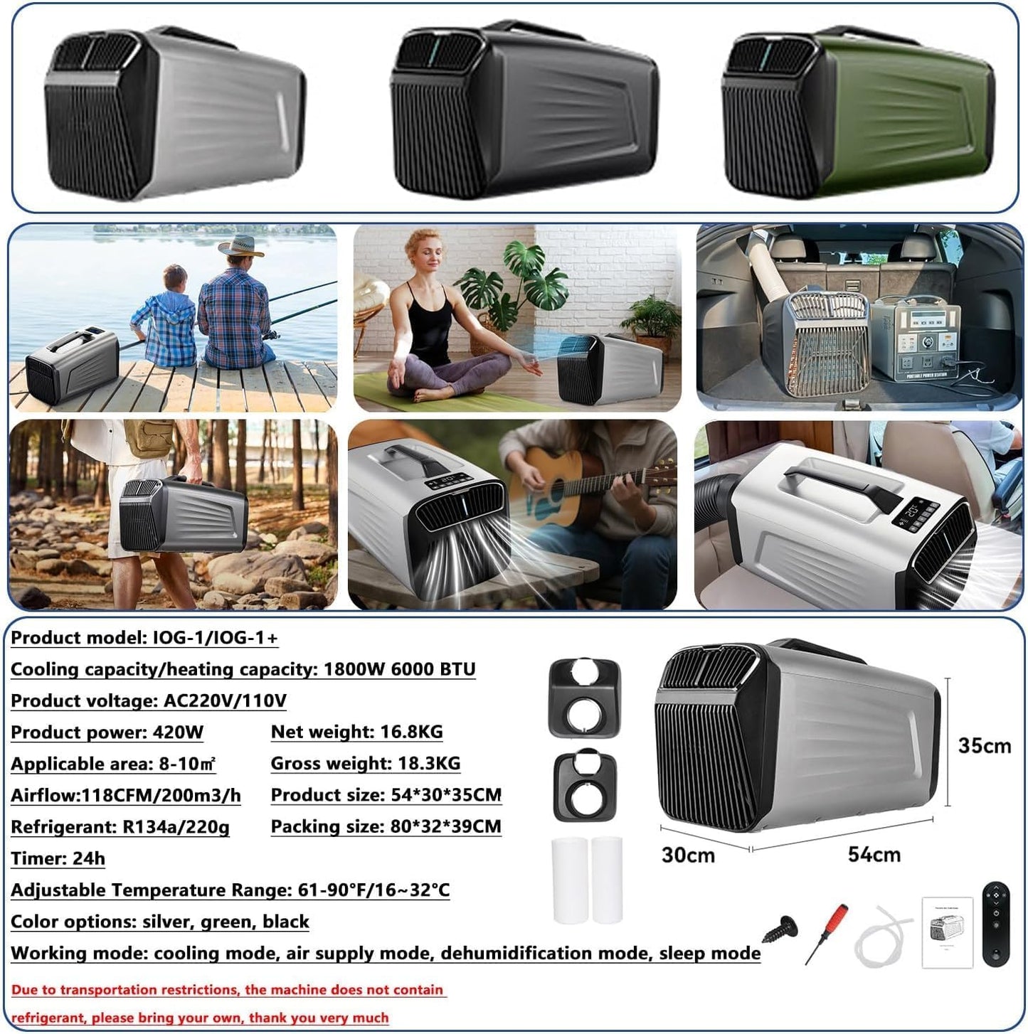 Climatiseur De Camping Portable - 6000 BTU 4-en-1 Unité Avec Télécommande, Refroidissement, Ventilateur, Déshumidification, Modes De Sommeil, Panneau Tactile à 3 Vitesses Pour La Tente Ou L'utilisatio