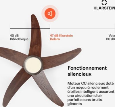  Ventilateur Plafonnier KLARSTEIN Bolero 2en1 132 Cm 55 W App 47 DB Bois