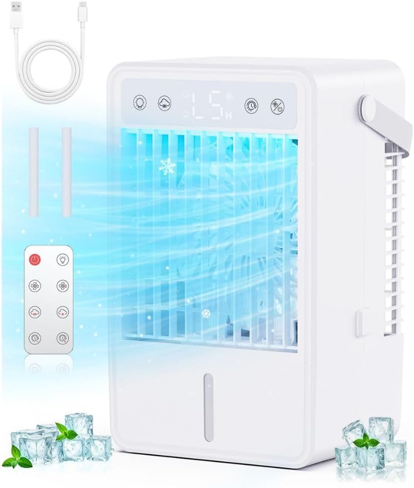  Climatiseur Portable Capacité De 900ML - Refroidisseur D’Air 3 Puissances D’Air, Climatiseur Mobile Avec 2 Intensités De Nébulisation, Minuterie 2/4/6 Heures, Alimentation USB, Lumière D’Ambiance RGB