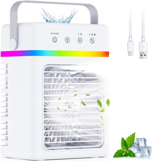  Climatiseur Portable Capacité De 900ML - Refroidisseur D’Air 3 Puissances D’Air, Climatiseur Mobile Avec 2 Intensités De Nébulisation, Minuterie 2/4/6 Heures, Alimentation USB, Lumière D’Ambiance RGB