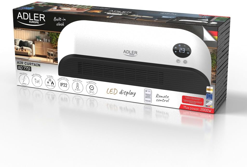  ADALER EUROPE Ventilateur Mural 2 En 1, Ventilateur électrique Et Machine De Chauffage, Affichage LED Clair, Télécommande, élément Chauffant En Céramique, Deux Niveaux De Chauffage 1000 W/2000 W