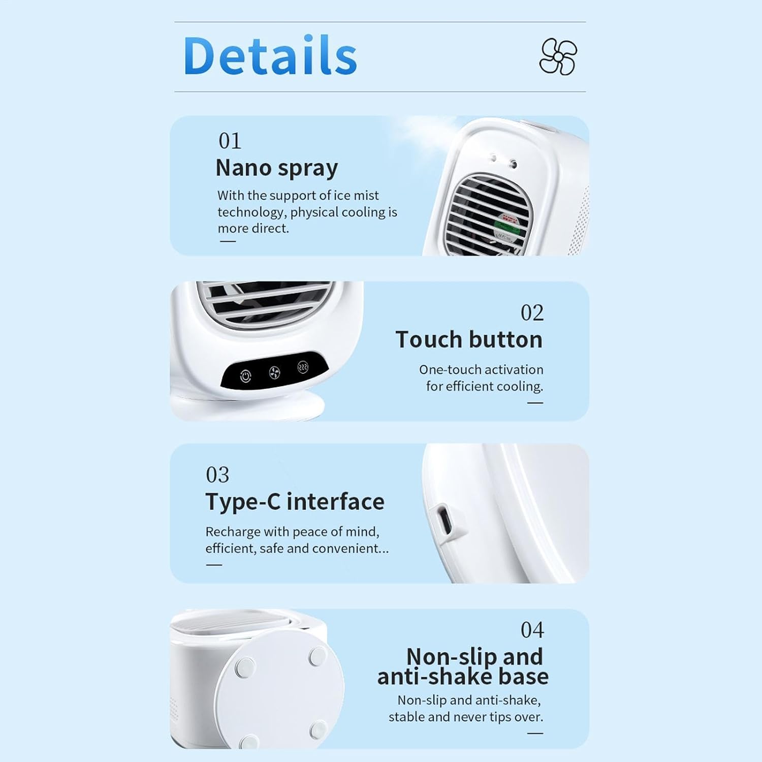  Mini Climatiseur Portatif | Rotation À 150 Degrés Faible Niveau Sonore 3 Vitesses De Ventilation | Climatiseur Portatif Compact | Pour Cuisine, Chambre, Voiture, Dortoir, Bureau, Voyages Et Camping