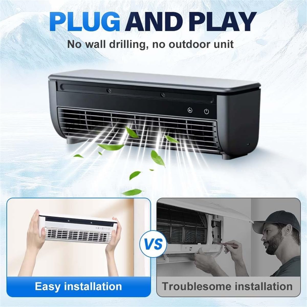 Pas De Ventilateur AC Mural De Forage, Refroidissement Rapide 10s, Support De Charge Sans Fil, Mini Refroidisseur D'air Portable Pour La Chambre De Cuisine, Unité De Semi-conducteur à 3 Vitesses Gris