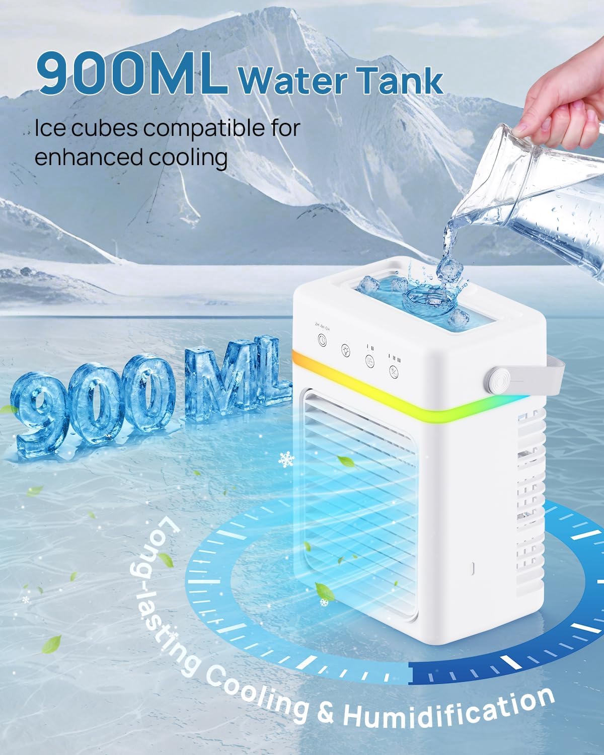  Climatiseur Portable Capacité De 900ML - Refroidisseur D’Air 3 Puissances D’Air, Climatiseur Mobile Avec 2 Intensités De Nébulisation, Minuterie 2/4/6 Heures, Alimentation USB, Lumière D’Ambiance RGB