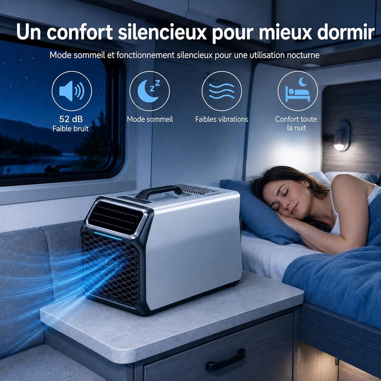  Climatiseur Mobile Compact 1400W Pour Maison, Van Et Tente Silver-220V | Mode Nuit 52 DB Et Minuterie Pour Garder Une Fraîcheur Agréable Pendant Le Repos Ou Les Nuits En Camping.