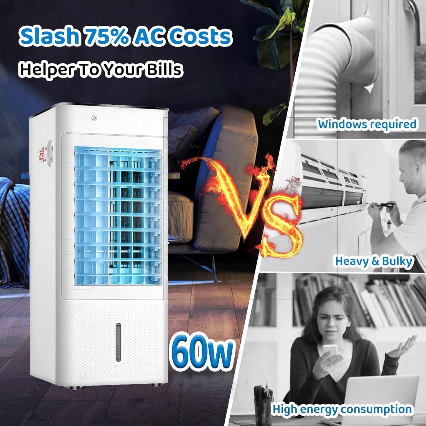 GENERIC Refroidisseur D'air évaporatif Portable Avec Réservoir 7L, Télécommande, Minuterie 12H, 3 Vitesses, 120 Swing, Cellules De Glace Pour Le Bureau De Chambre à Coucher Maison économie D'énergie Easy Mobi