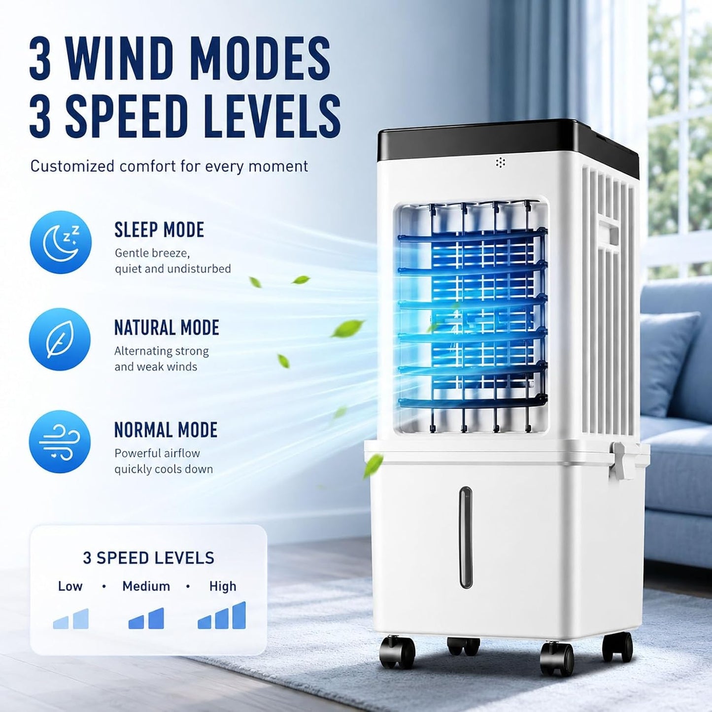 Rafraîchisseur D'Air Évaporatif Pour Maison & Bureau, Climatiseur Mobile Sans Évacuation 15L Grand Réservoir Avec Télécommande, 3 Modes & 3 Vitesses, Oscillation 120°