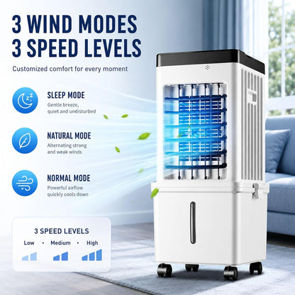  Rafraîchisseur D'Air Évaporatif Pour Maison & Bureau, Climatiseur Mobile Sans Évacuation 15L Grand Réservoir Avec Télécommande, 3 Modes & 3 Vitesses, Oscillation 120°