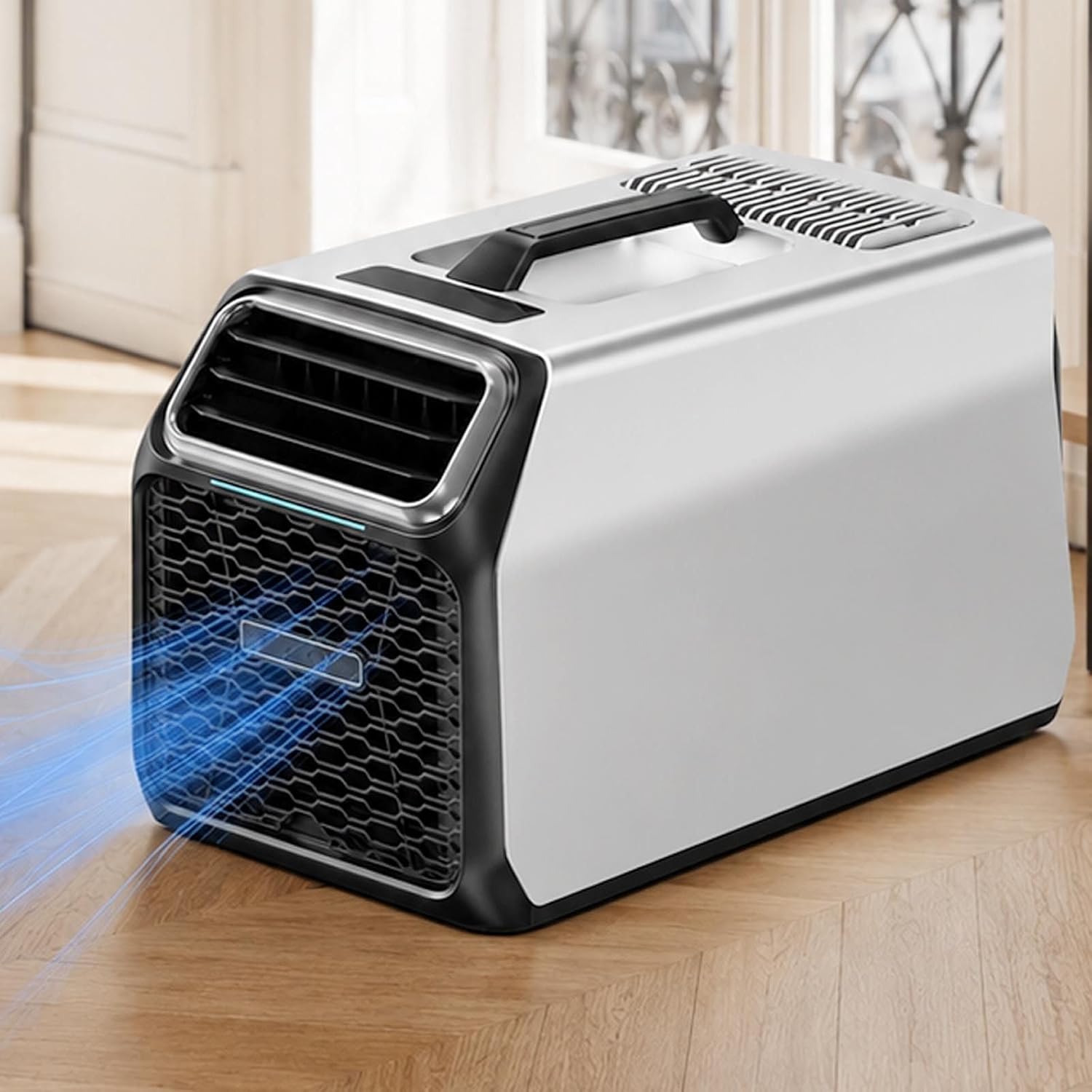  Climatiseur Mobile Compact 1400W Pour Maison, Van Et Tente Silver-220V | Mode Nuit 52 DB Et Minuterie Pour Garder Une Fraîcheur Agréable Pendant Le Repos Ou Les Nuits En Camping.