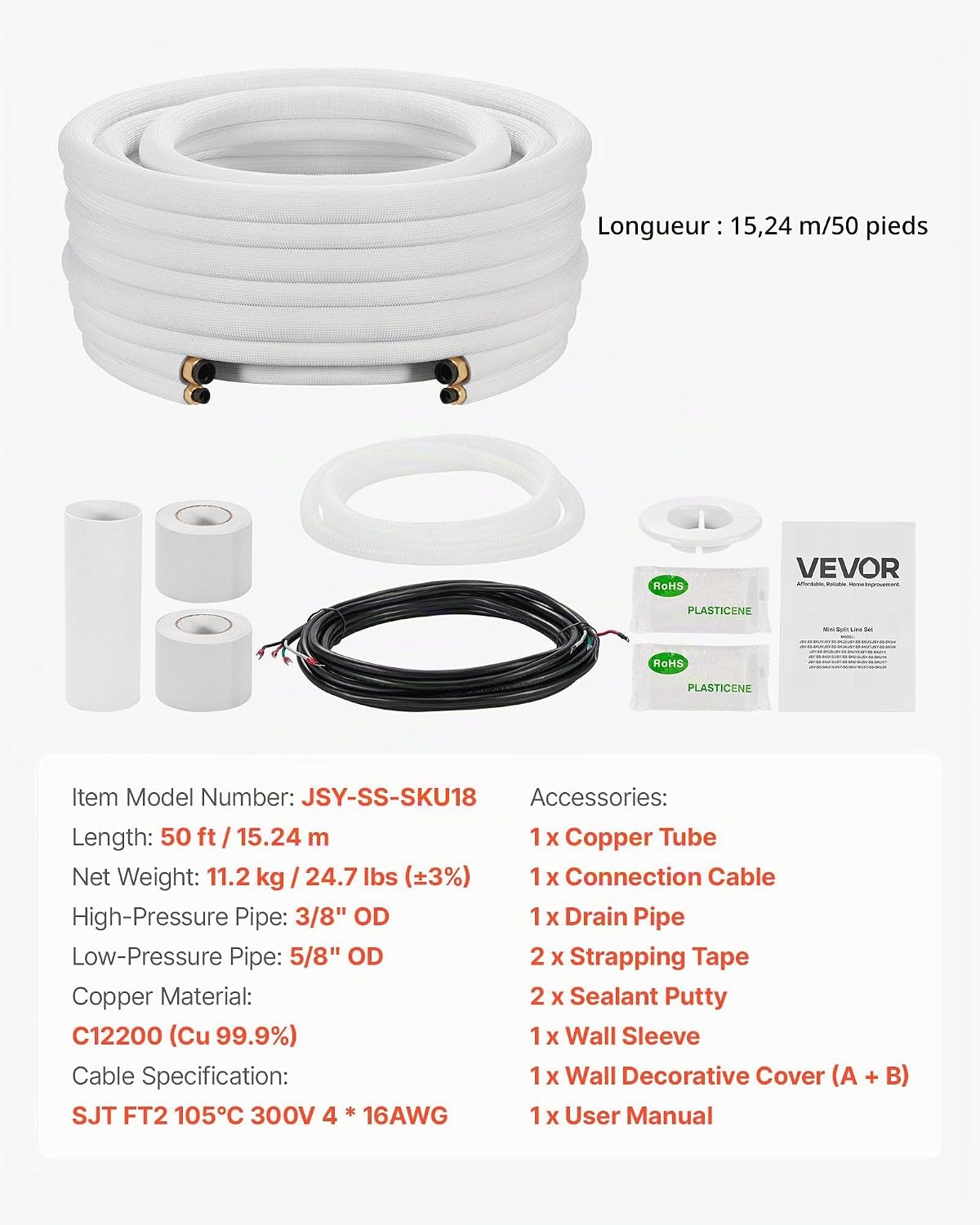  VEVOR Kit Liaison Frigorifique Tuyau En Cuivre Mini-split 9,5 Mm 15,9 Mm Diamètre Extérieur, 15,2 M Longueur, Bobine Isolée PE Blanc Épais 9,5 Mm Avec Écrous, Raccords, Pour Mini Climatiseurs Split