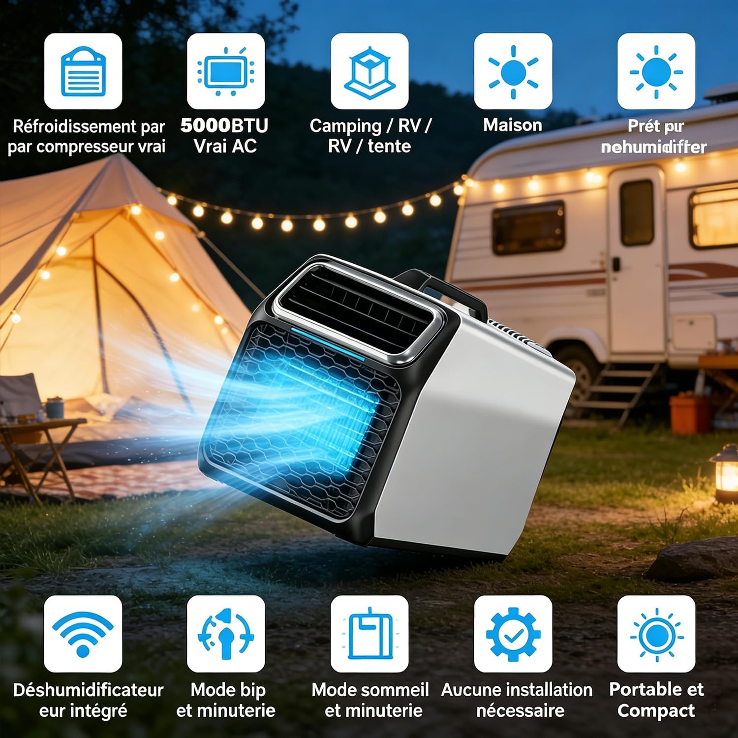  Climatiseur Mobile Silencieux 5000 BTU Pour Camping-Car, Tente Et Camion, Refroidisseur D’Air De Camping Multifonction, Mode Nuit, Minuterie, Télécommande, Usage Intérieur Extérieur Gray