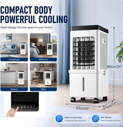  Rafraîchisseur D'Air Évaporatif Pour Maison & Bureau, Climatiseur Mobile Sans Évacuation 15L Grand Réservoir Avec Télécommande, 3 Modes & 3 Vitesses, Oscillation 120°