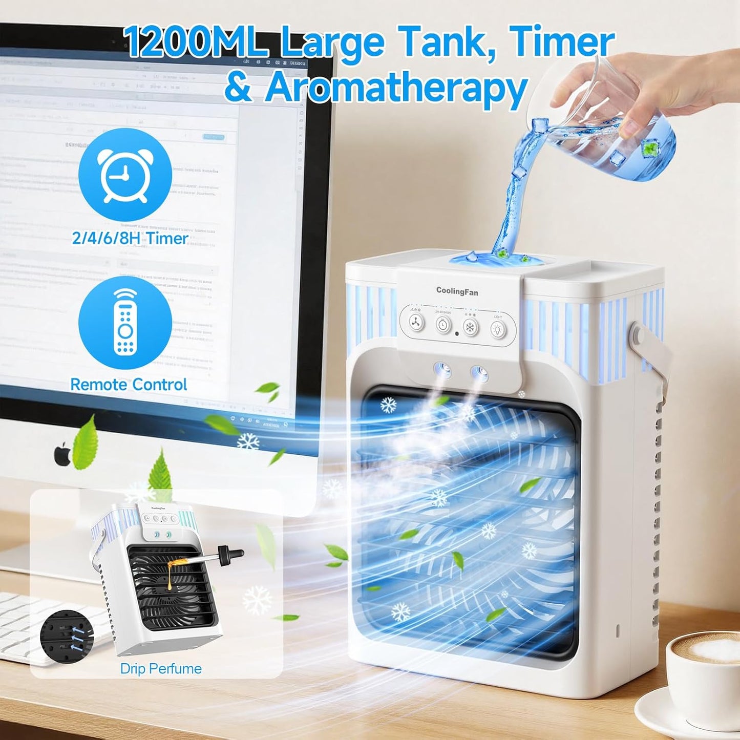  Climatiseur Portable, Refroidisseur D'air évaporatif Personnel 4 En 1 Avec Télécommande, 3 Vitesses Et 3 Brumes, Veilleuse 7 Couleurs, Minuterie De 2 à 8 Heures, Mini Ventilateur De Refroidissement De