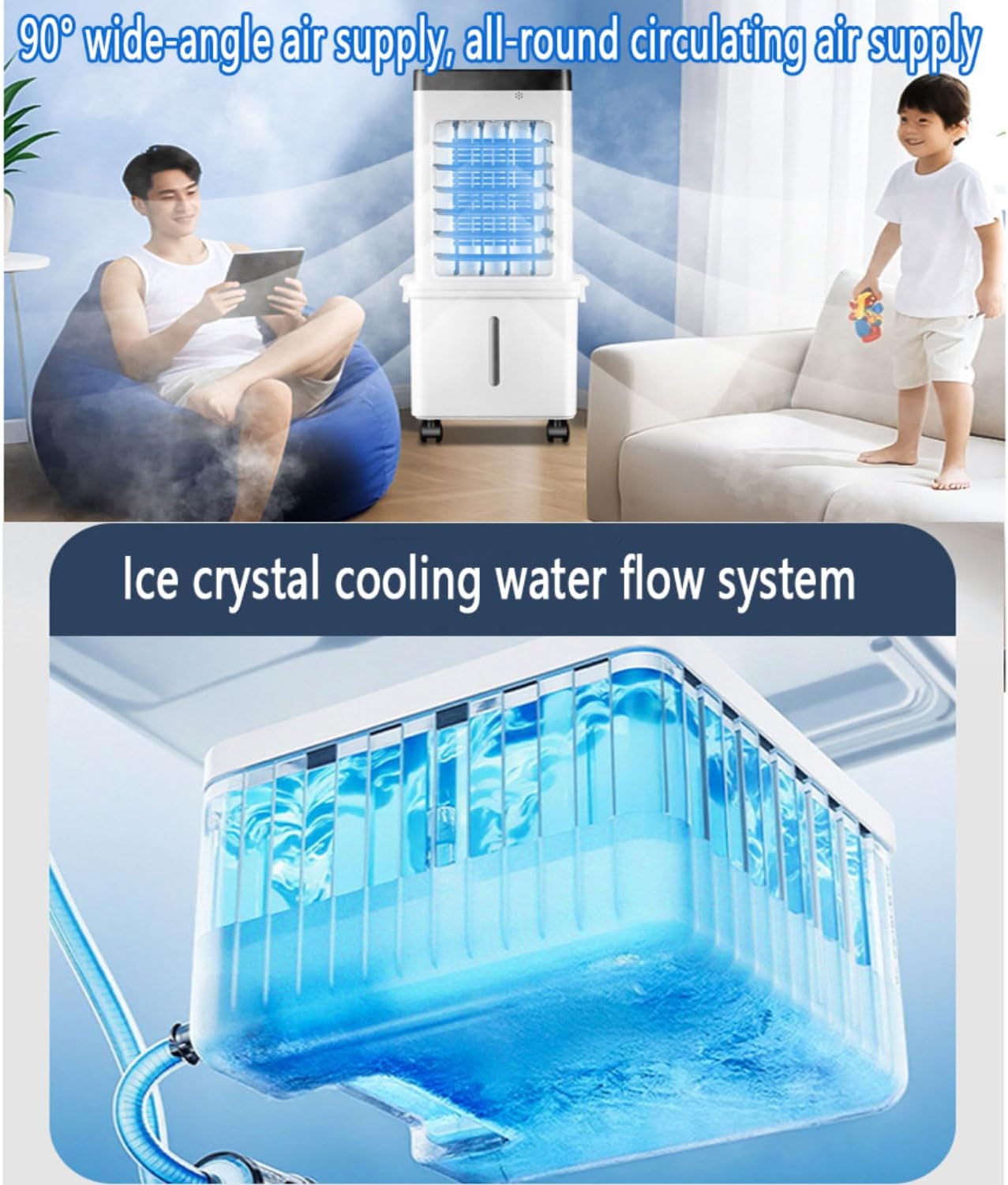 GENERIC Ventilateur Mobile De Climatisation 75W, Entrée D'air à 3 Côtés, Refroidisseur D'air évaporatif à 3 Modes, Réservoir D'eau De 15 Litres De 5 Heures, Oscillation à 90°, Télécommande Sans Lame, 4 Fentes