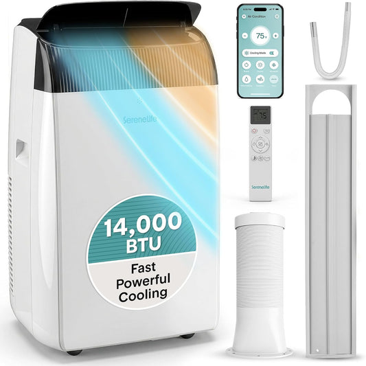  SereneLife Climatiseur Mobile Avec Tuyau D'évacuation, Wi-Fi 12000 BTU, Climatiseur 4 En 1, Refroidissement/chauffage/ventilation/déshumidification, écran Numérique, Minuterie Et Kit De Fenêtre