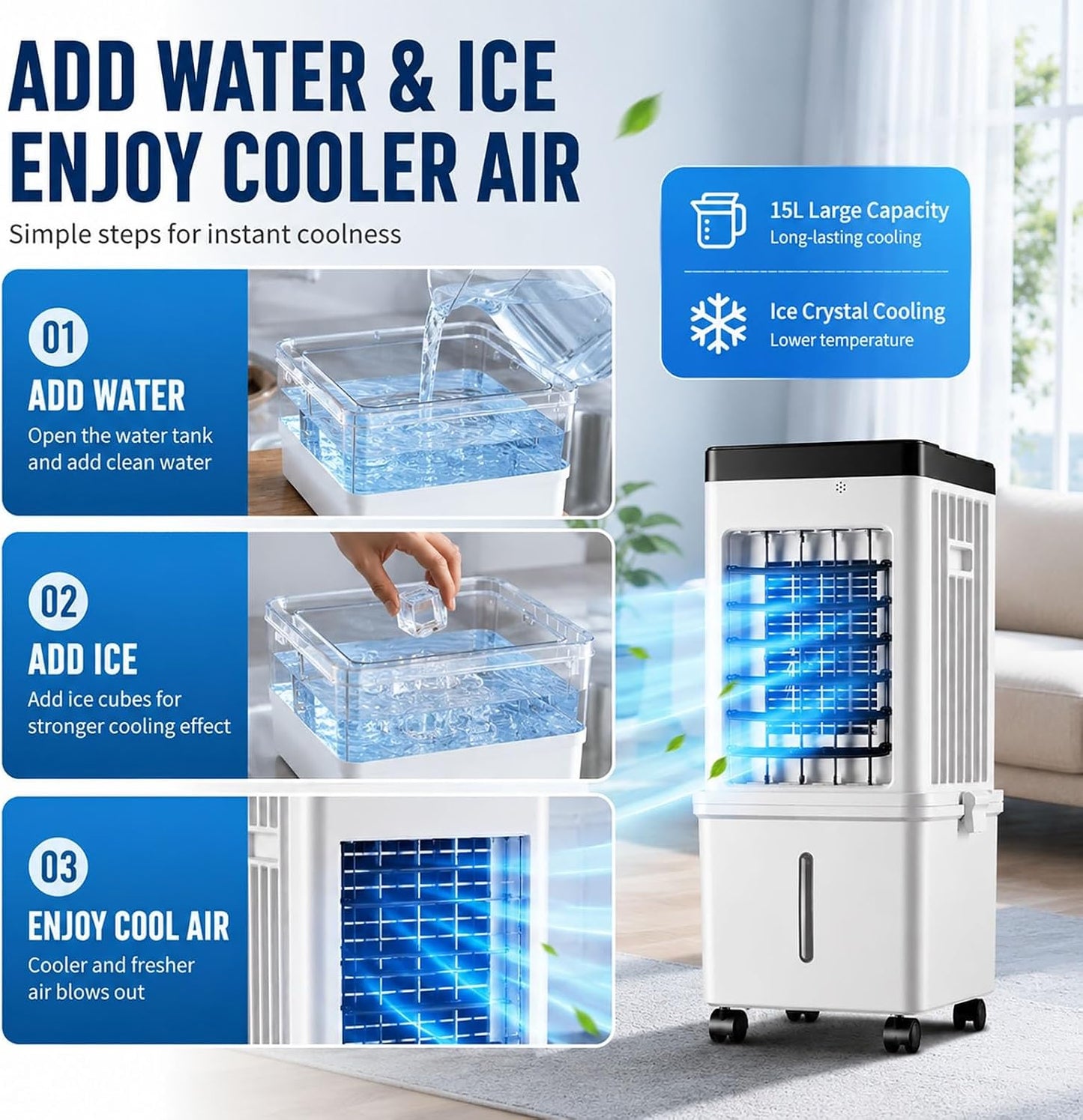  Rafraîchisseur D'Air Évaporatif Pour Maison & Bureau, Climatiseur Mobile Sans Évacuation 15L Grand Réservoir Avec Télécommande, 3 Modes & 3 Vitesses, Oscillation 120°