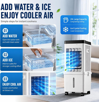  Rafraîchisseur D'Air Évaporatif Pour Maison & Bureau, Climatiseur Mobile Sans Évacuation 15L Grand Réservoir Avec Télécommande, 3 Modes & 3 Vitesses, Oscillation 120°