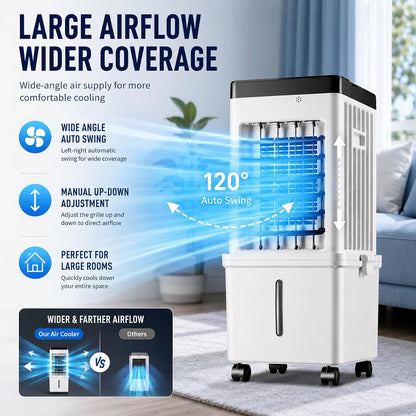  Rafraîchisseur D'Air Évaporatif Pour Maison & Bureau, Climatiseur Mobile Sans Évacuation 15L Grand Réservoir Avec Télécommande, 3 Modes & 3 Vitesses, Oscillation 120°