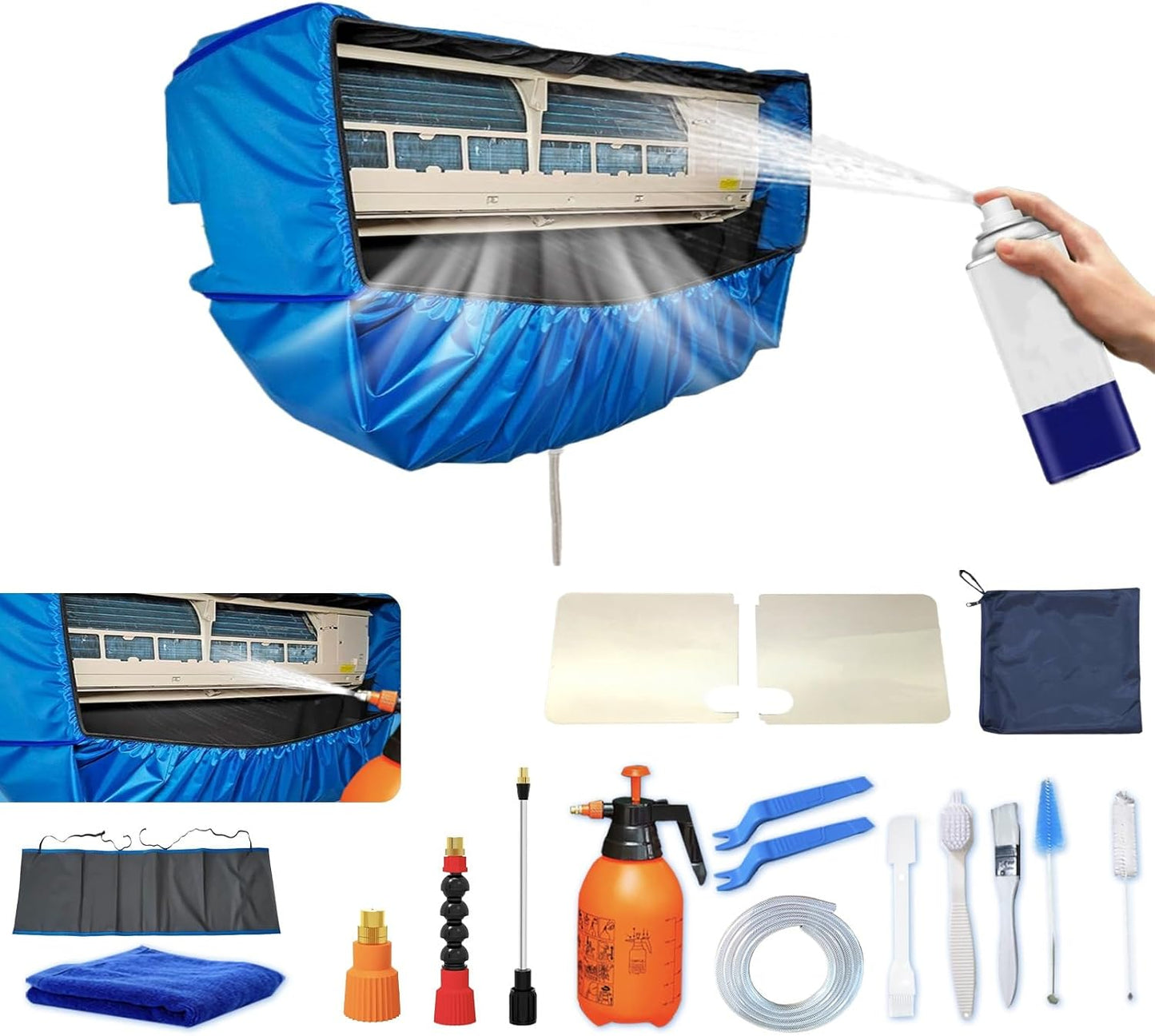  Kit De Nettoyage Pour Climatiseur Split(Panneaux Latéraux Améliorés), Avec Un Espace Supplémentaire Sac De Nettoyage Pour Climatiseur Split(Bleu Foncé, Petit, 18 Pièces)