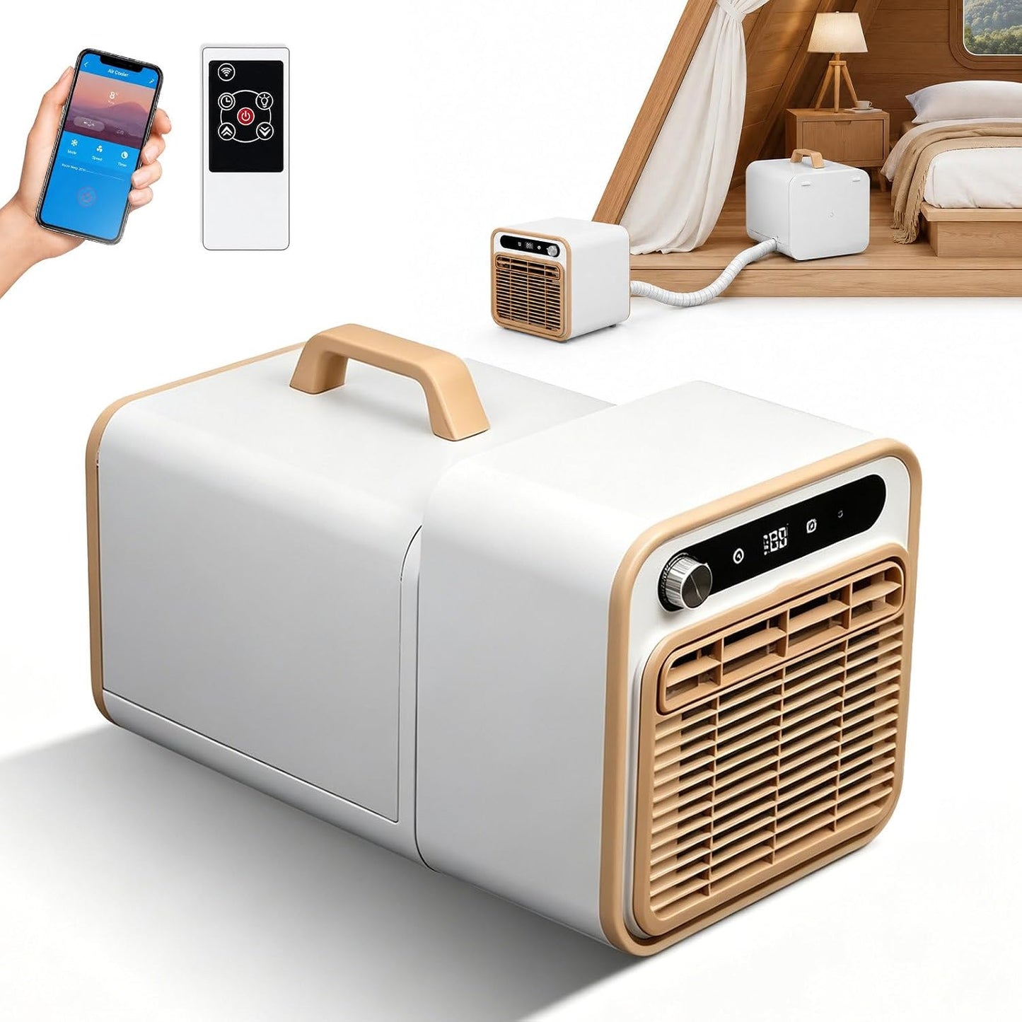  Climatiseur Split Portable 1500W, Climatiseur De Tente Silencieux <40dB Pour Camping Avec Minuteur 12H, Télécommande Tactile & Commande App, Pour Camping-Car & Caravane 1m-Pipe