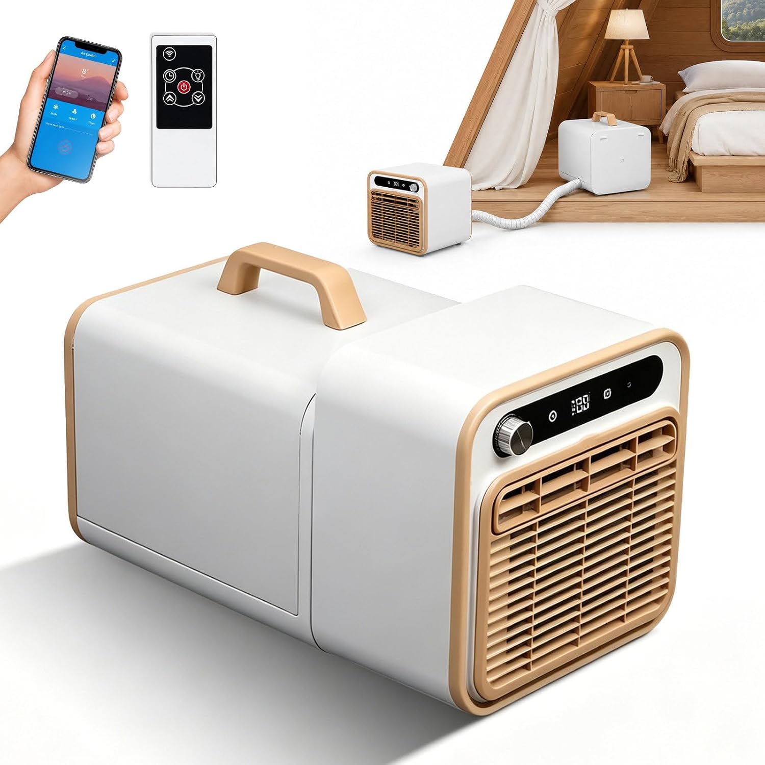  Climatiseur Split Portable 1500W, Climatiseur De Tente Silencieux <40dB Pour Camping Avec Minuteur 12H, Télécommande Tactile & Commande App, Pour Camping-Car & Caravane 1m-Pipe