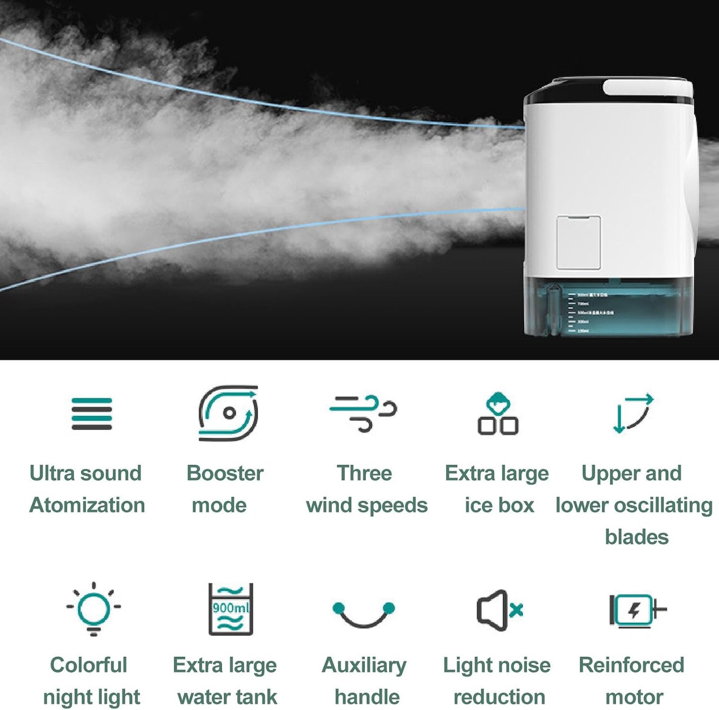  Climatiseur Portable, 12w 900ml 3 Vitesses Rafraîchisseur D'air Personnel à évaporation Avec Deux Ventilateurs De Brumisation Et 7 Couleurs De Lumière Nocturne Ventilateur Mobile