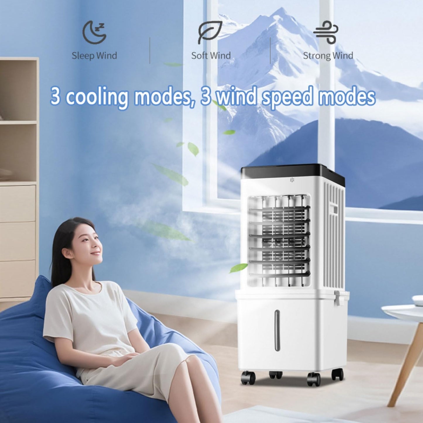 GENERIC Ventilateur Mobile De Climatisation 75W, Entrée D'air à 3 Côtés, Refroidisseur D'air évaporatif à 3 Modes, Réservoir D'eau De 15 Litres De 5 Heures, Oscillation à 90°, Télécommande Sans Lame, 4 Fentes