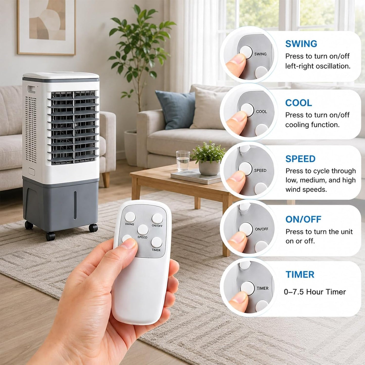 GENERIC Refroidisseur D'air évaporatif Compact Avec Télécommande, Ventilateur à 3 Vitesses, Minuterie 7.5H, Packs De Glace Et Roues Verrouillables Pour Chambre à Coucher, Bureau, Confort De Refroidissement De