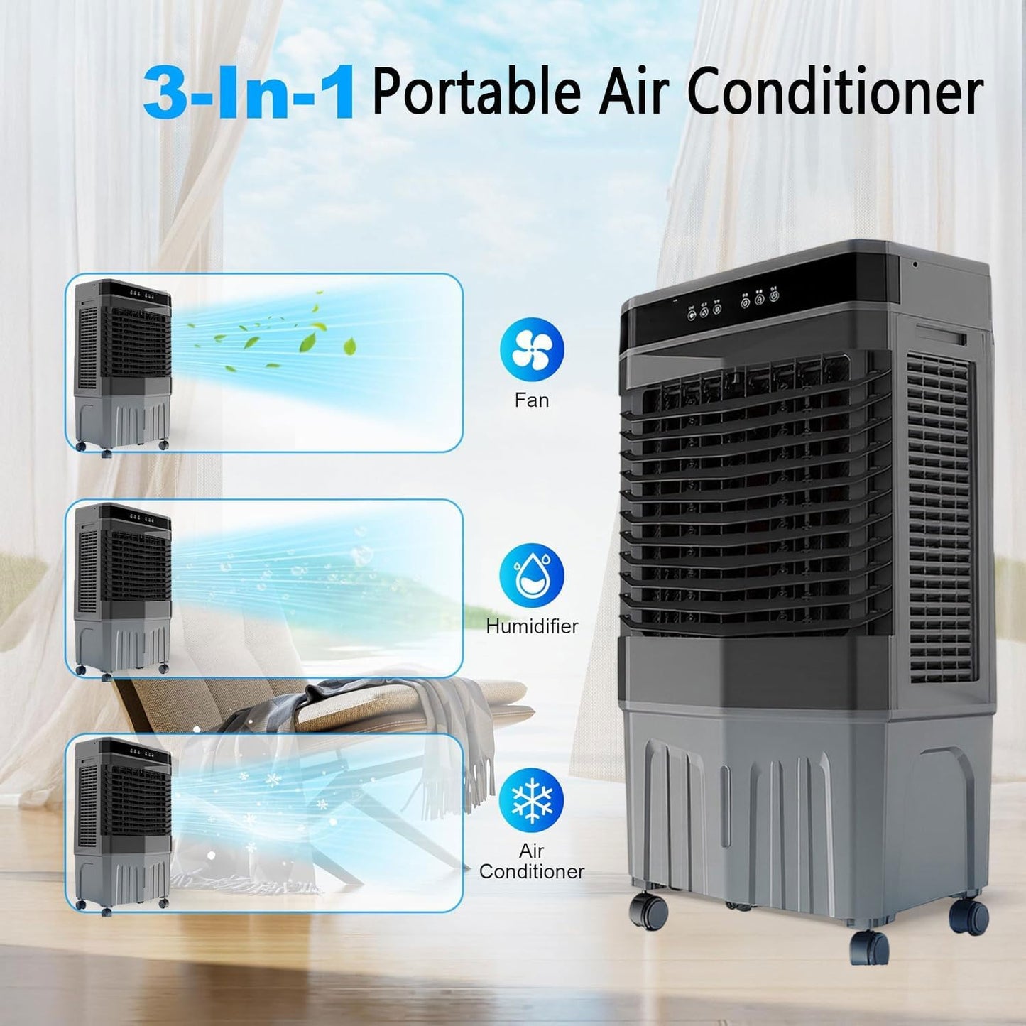 GENERIC Refroidisseur D'air évaporatif Portable, Réservoir 45L, 3 Vitesses, Télécommande, Horlogerie 12H, Ventilateur Oscillant Pour Le Bureau De La Chambre, Mobilité Facile, Fonctionnement Silencieux, Aucun