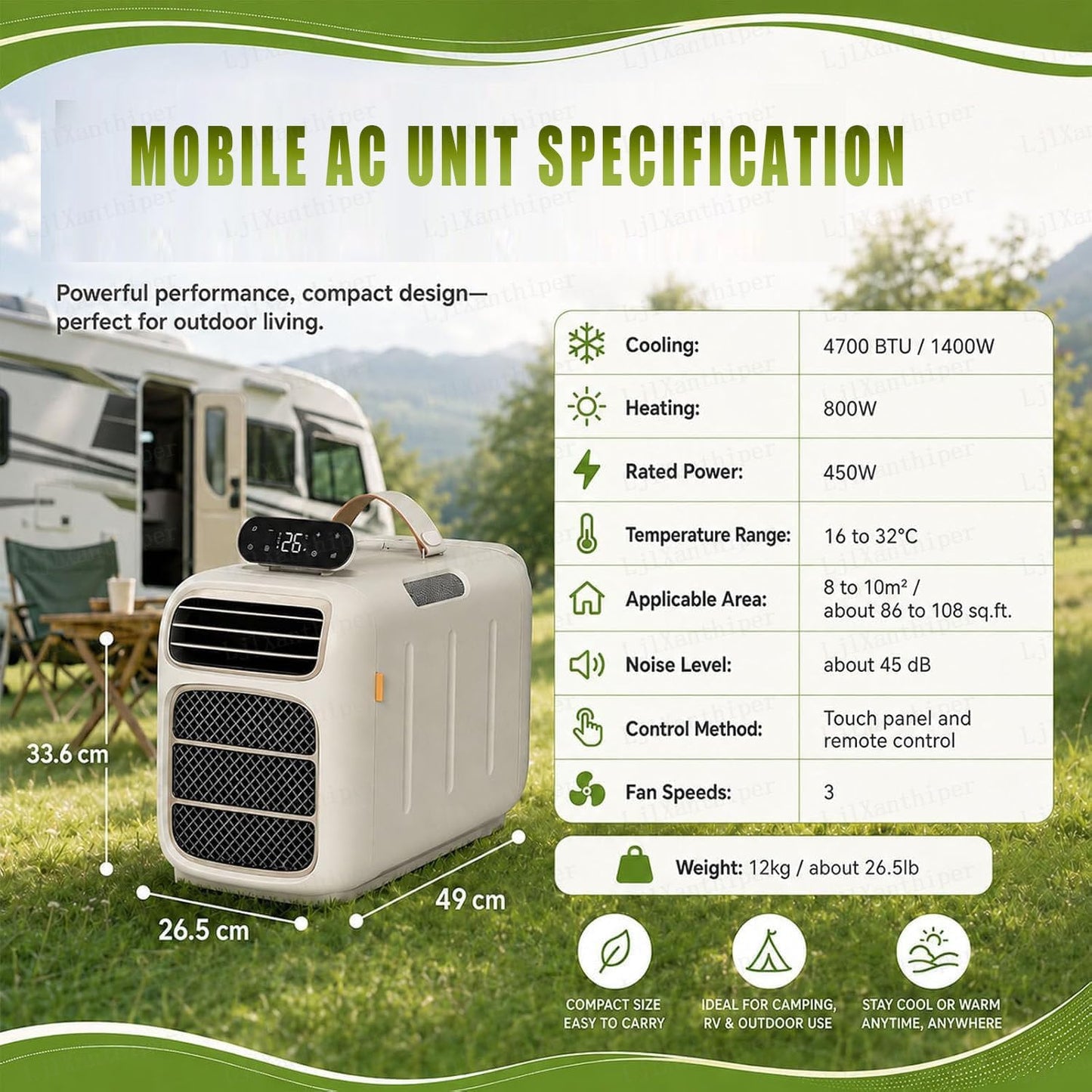 GENERIC Climatiseur De Camping Portable 5000 BTU, Température Réglable 16-32 °C, Trois Vitesses De Ventilateur, Faible Bruit, Idéal Pour Les Camping-cars, Camions, Voitures, Petits Entrepôts, Maisons Pour