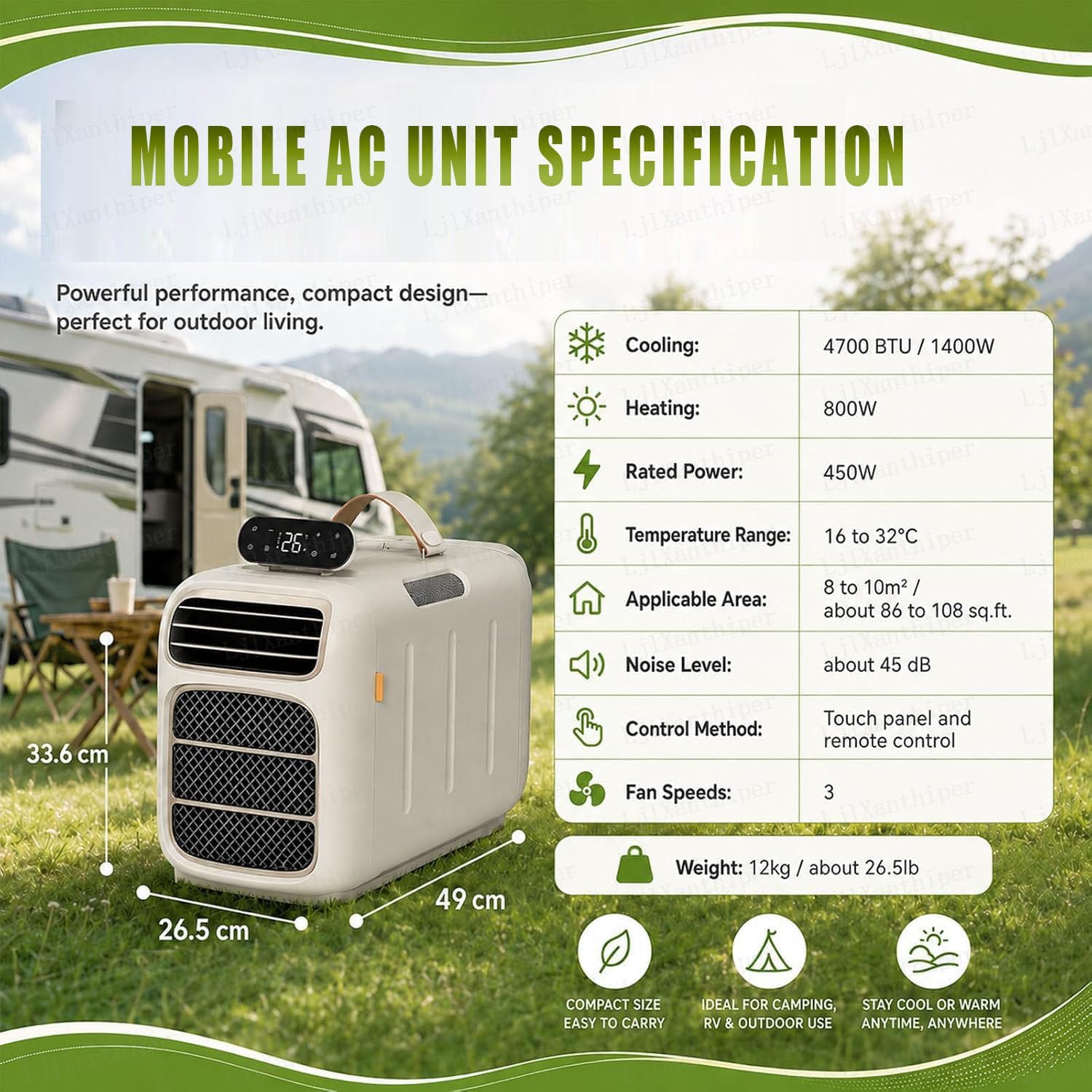GENERIC Climatiseur De Camping Portable 5000 BTU, Température Réglable 16-32 °C, Trois Vitesses De Ventilateur, Faible Bruit, Idéal Pour Les Camping-cars, Camions, Voitures, Petits Entrepôts, Maisons Pour