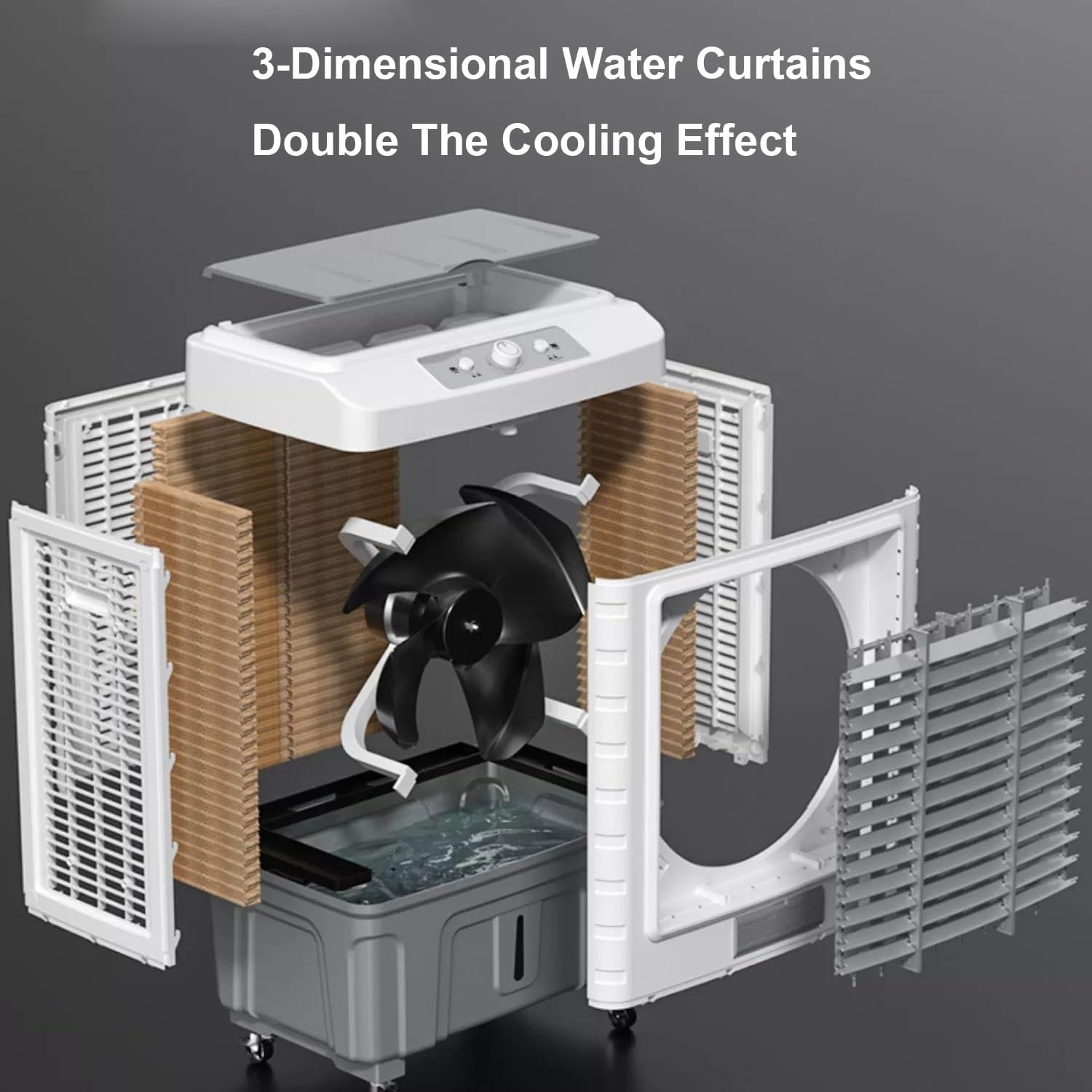  Climatiseur Mobile, Rafraichisseur D'air Avec Réservoir D'eau De 49 L, 3 Vitesses, Oscillation à 120°, 6 Accus De Froid, Climatiseur Sans Évacuation Pour La Maison Et Le Commerce, 102cm