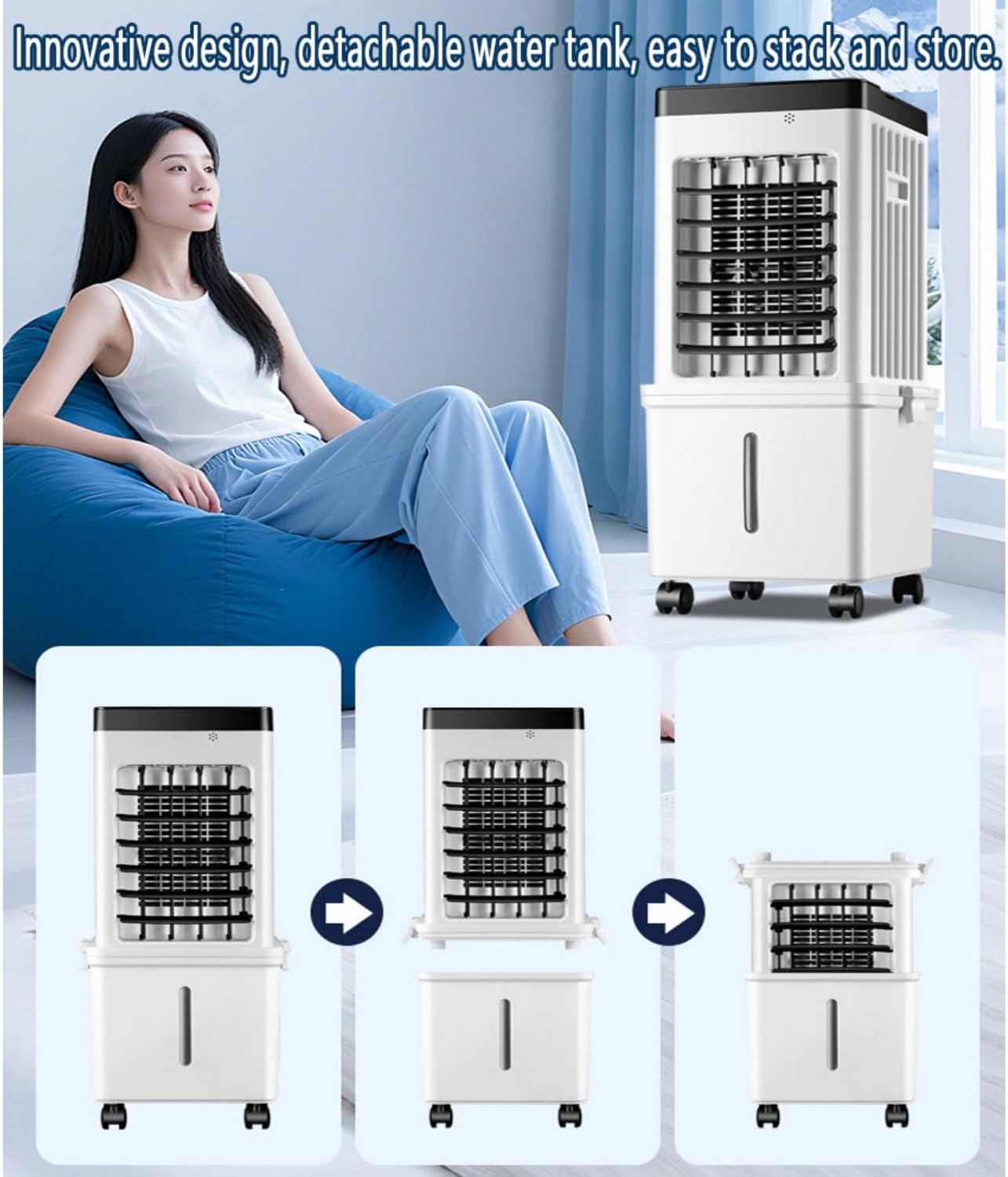 GENERIC Ventilateur Mobile De Climatisation 75W, Entrée D'air à 3 Côtés, Refroidisseur D'air évaporatif à 3 Modes, Réservoir D'eau De 15 Litres De 5 Heures, Oscillation à 90°, Télécommande Sans Lame, 4 Fentes