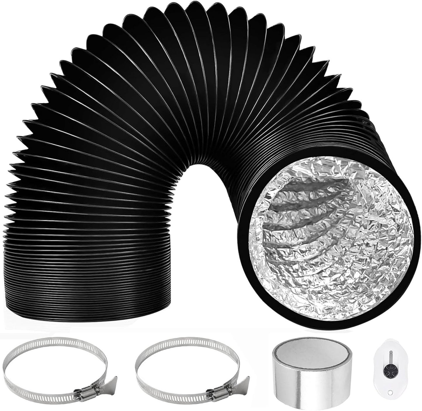  Tuyau Ventilation PVC 100mm Pour Hotte Aspirante 3m Flexible Tuyau D'Evacuation Avec 2 Colliers De Serrage Et 1 Adhésif Aluminium Pour Climatisation Extracteur D'Air Ventilateur Tubulair Gris