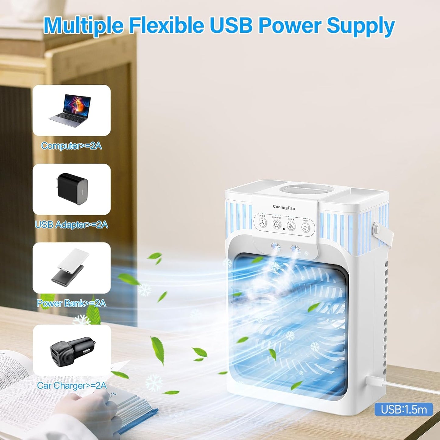  Climatiseur Portable, Refroidisseur D'air évaporatif Personnel 4 En 1 Avec Télécommande, 3 Vitesses Et 3 Brumes, Veilleuse 7 Couleurs, Minuterie De 2 à 8 Heures, Mini Ventilateur De Refroidissement De