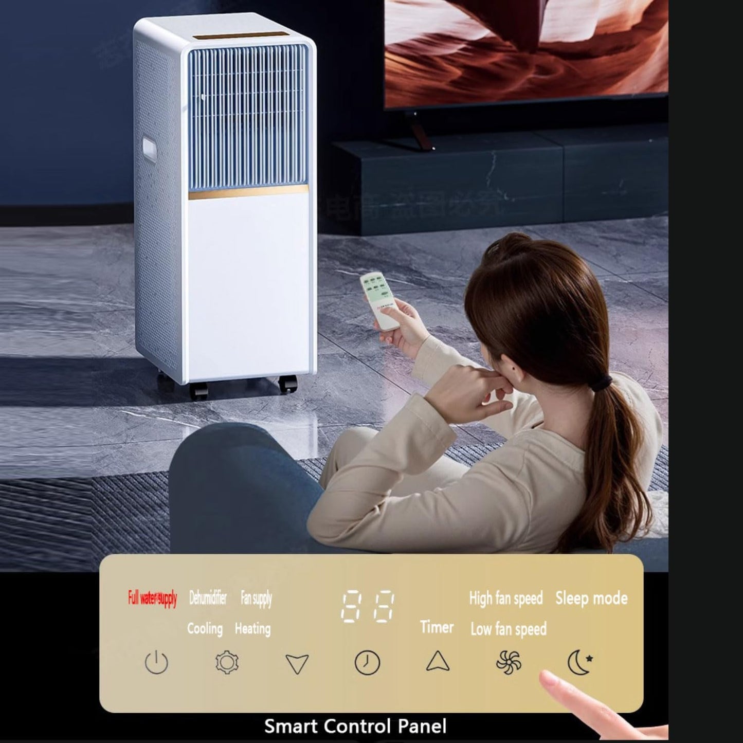  Climatiseur Portable, 48dB Smart AC Unité Avec Télécommande, Ventilateur De Déshumidificateur De Refroidisseur 3 En 1, Mode Veille 24H Minuterie, Pas De Fenêtre Requise Pour Le Bureau D'étage