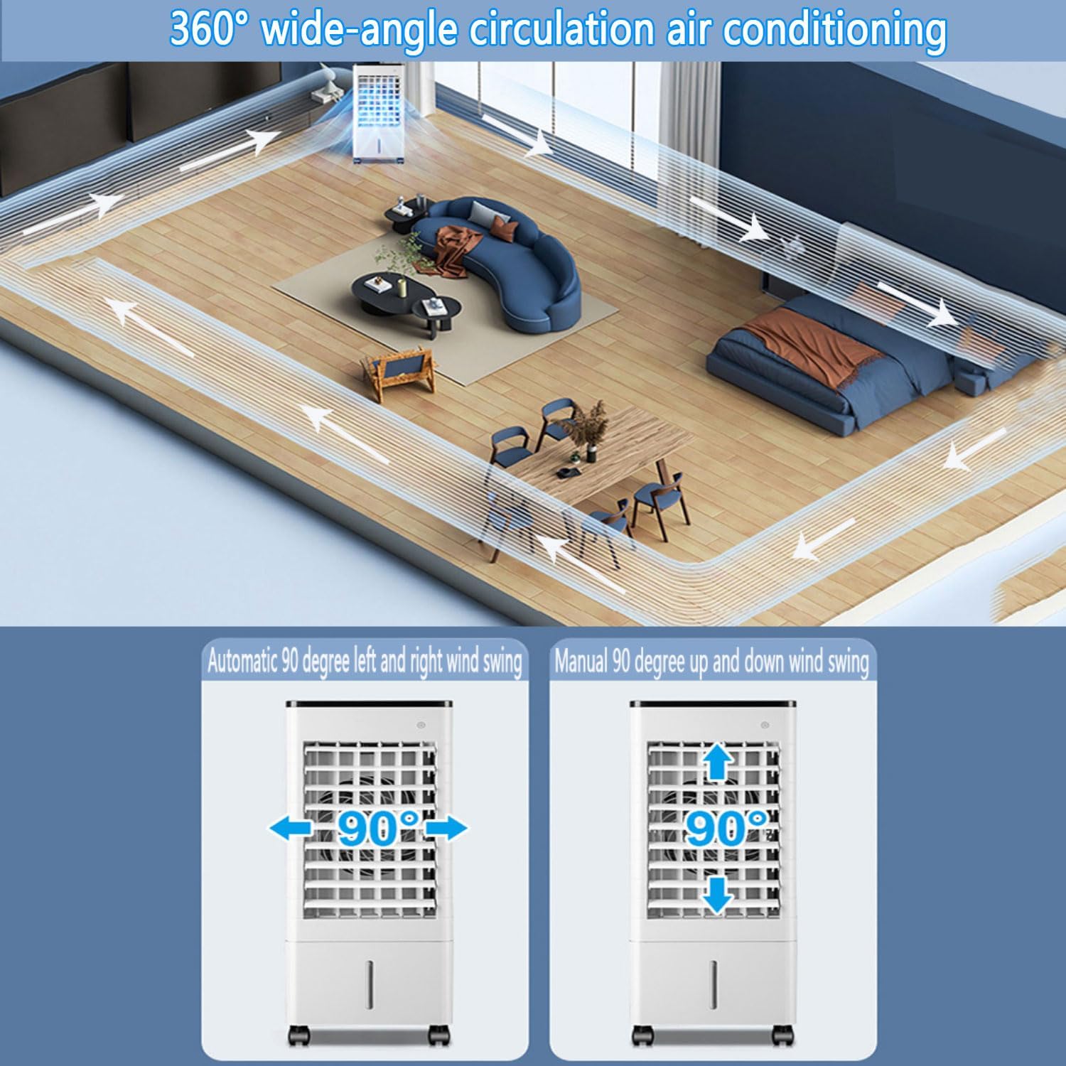 GENERIC 9L Refroidisseur D'évaporation Portable, 90° Pivotant, Télécommande, 15h Minuteur, Ioniseur.Calme Flux D'air Pour Bureau, Chambre Et Garage.Énergie Efficace Avec Les Rouleaux