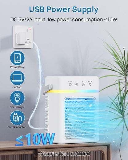  Climatiseur Portable Capacité De 900ML - Refroidisseur D’Air 3 Puissances D’Air, Climatiseur Mobile Avec 2 Intensités De Nébulisation, Minuterie 2/4/6 Heures, Alimentation USB, Lumière D’Ambiance RGB