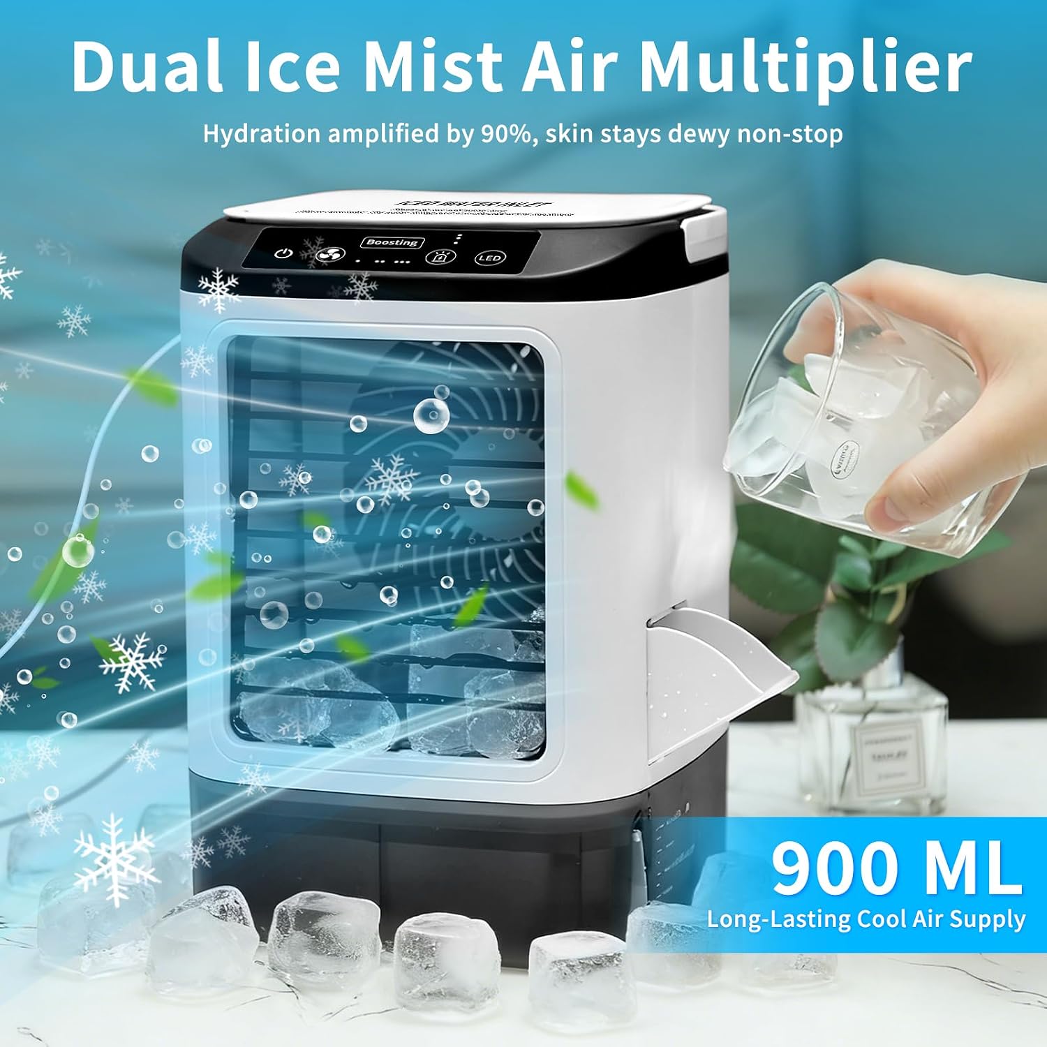  2026 Nouveauté Climatiseur Mobile - 4 Vitesses Climatiseur Mobile Sans évacuation Avec Moule à Glaçons/Fonction Brumisation/Lumière LED 7 Couleurs/Réservoir 900 Ml - Rafraichisseur D'air Silencieux
