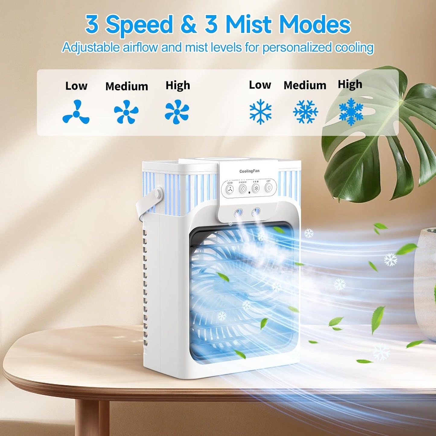  Climatiseur Portable, Refroidisseur D'air évaporatif Personnel 4 En 1 Avec Télécommande, 3 Vitesses Et 3 Brumes, Veilleuse 7 Couleurs, Minuterie De 2 à 8 Heures, Mini Ventilateur De Refroidissement De