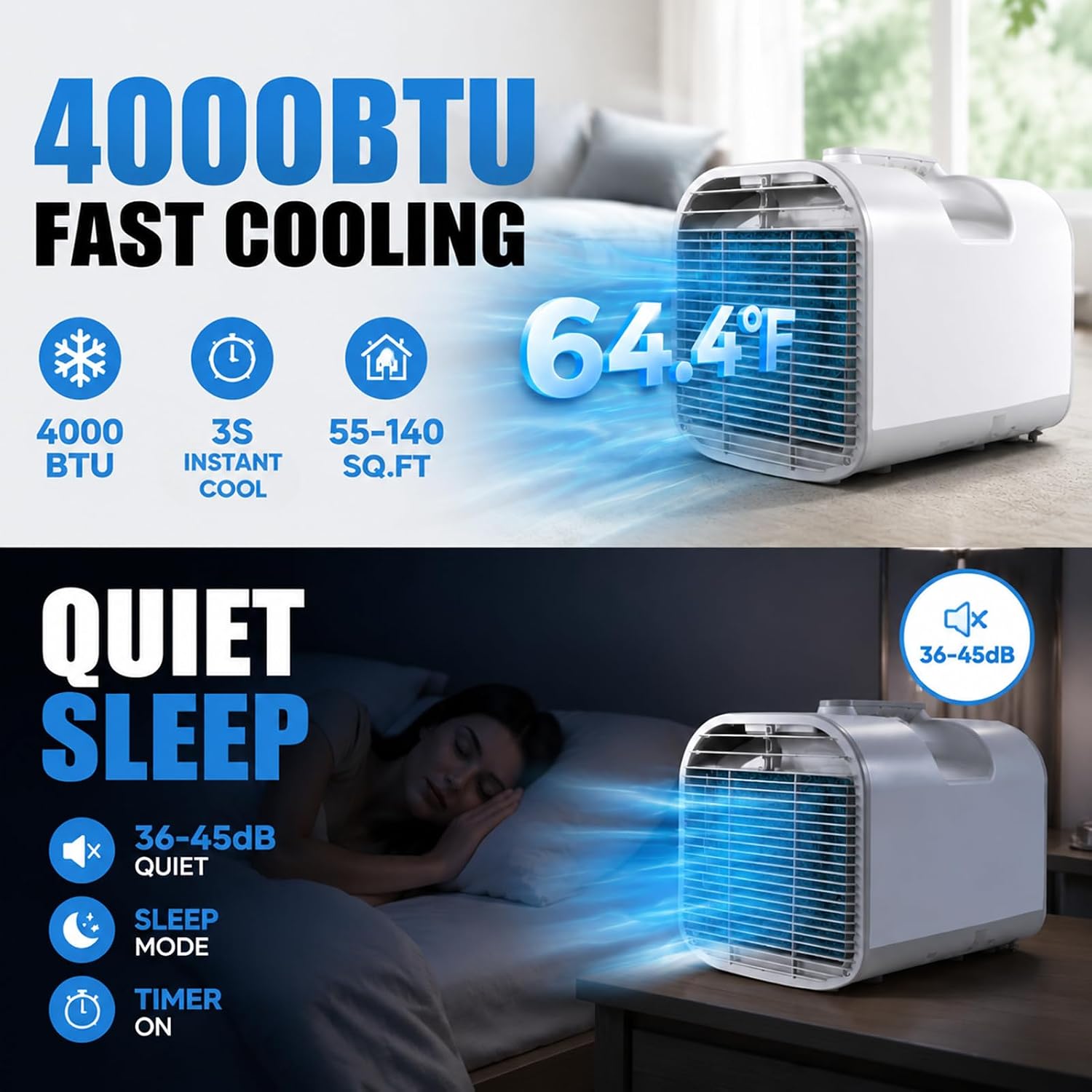  Climatiseur Mobile Tente 4000 BTU, Sans Fenêtre Clim Portable Camping RV Camion Fourgon Voiture Garage Mini Climatiseur Silencieux 4-en-1 Basse Consommation 420W