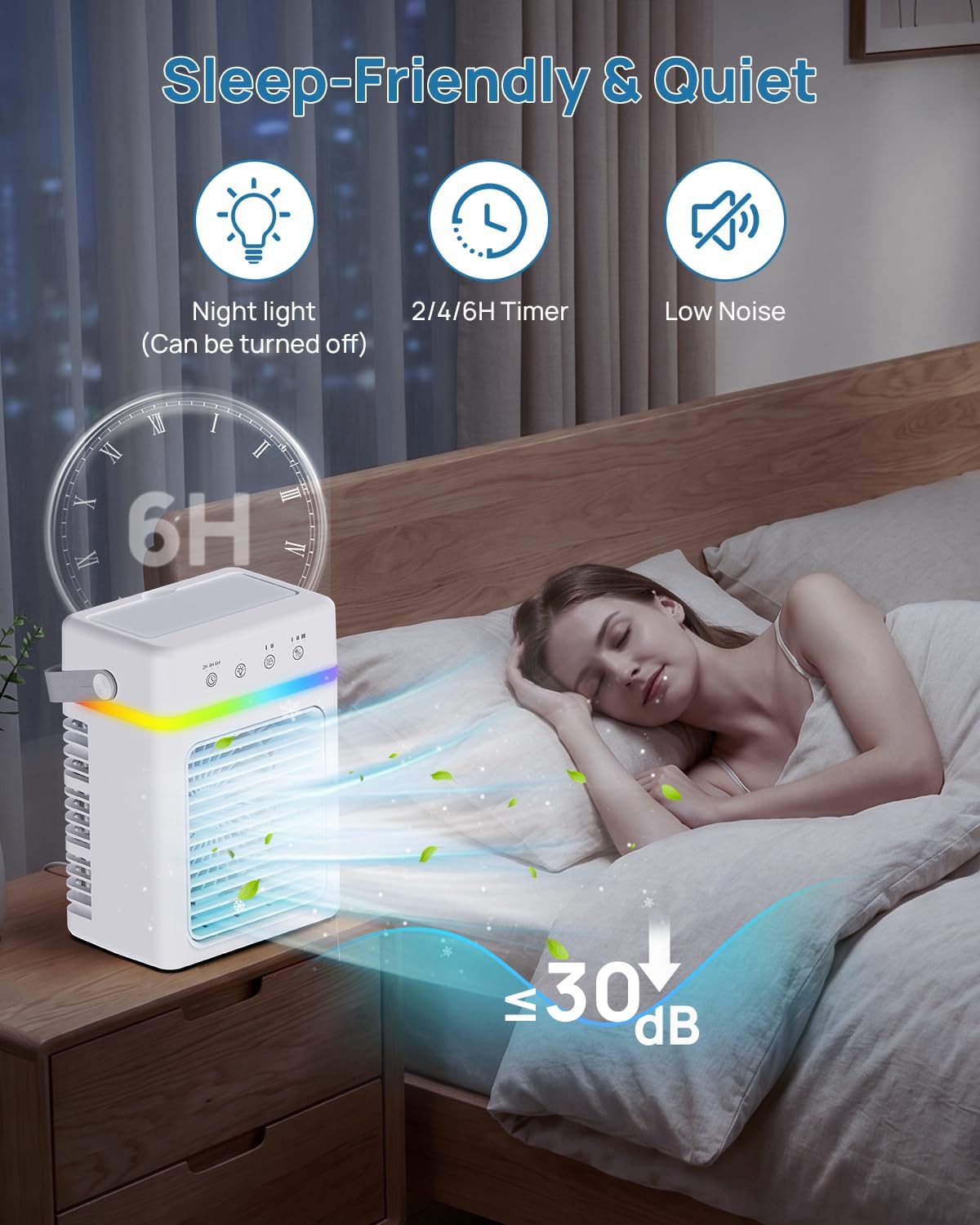  Climatiseur Portable Capacité De 900ML - Refroidisseur D’Air 3 Puissances D’Air, Climatiseur Mobile Avec 2 Intensités De Nébulisation, Minuterie 2/4/6 Heures, Alimentation USB, Lumière D’Ambiance RGB