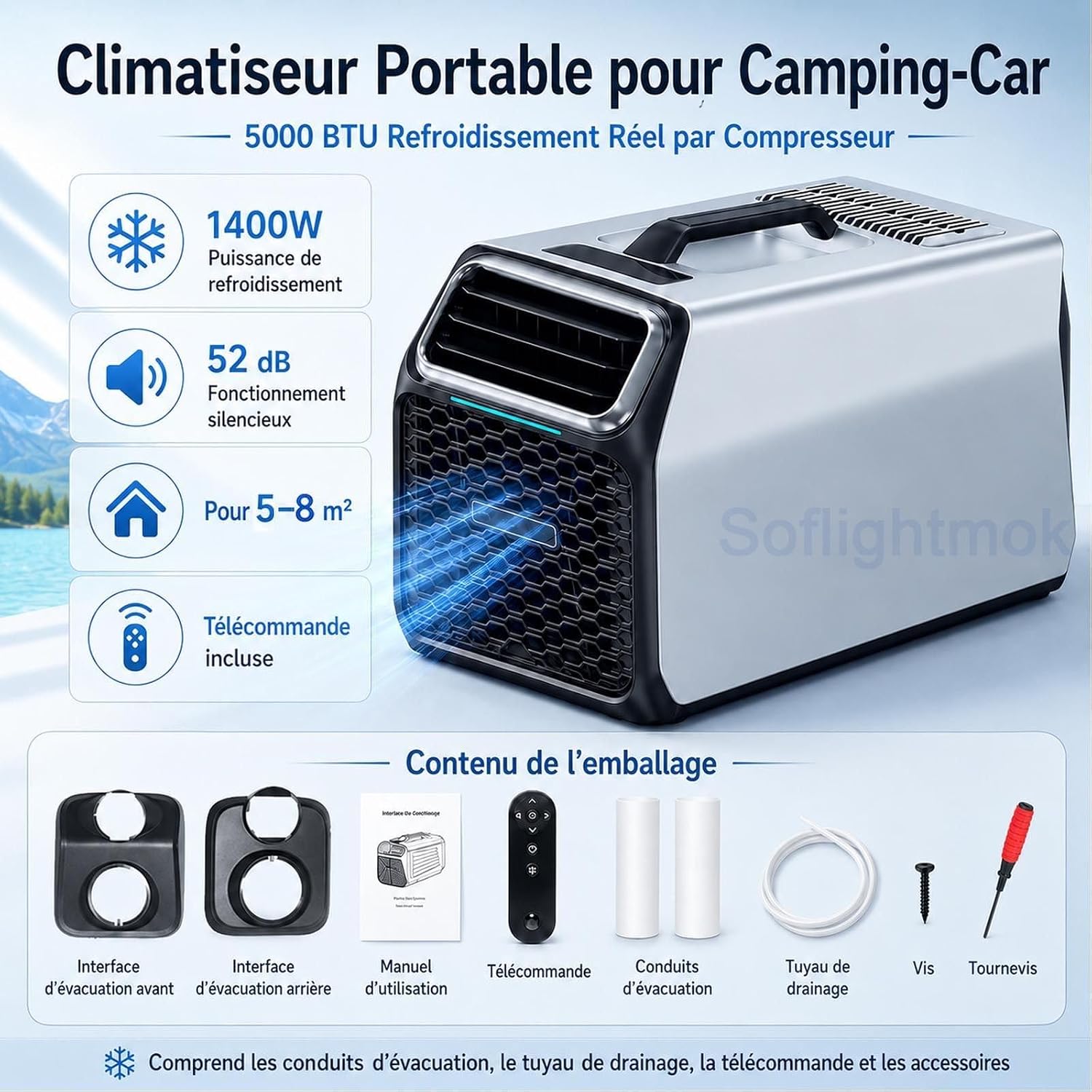  Climatiseur Mobile Compact 1400W Pour Maison, Van Et Tente Silver-220V | Mode Nuit 52 DB Et Minuterie Pour Garder Une Fraîcheur Agréable Pendant Le Repos Ou Les Nuits En Camping.