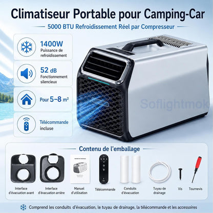  Climatiseur Mobile Compact 1400W Pour Maison, Van Et Tente Silver-220V | Mode Nuit 52 DB Et Minuterie Pour Garder Une Fraîcheur Agréable Pendant Le Repos Ou Les Nuits En Camping.