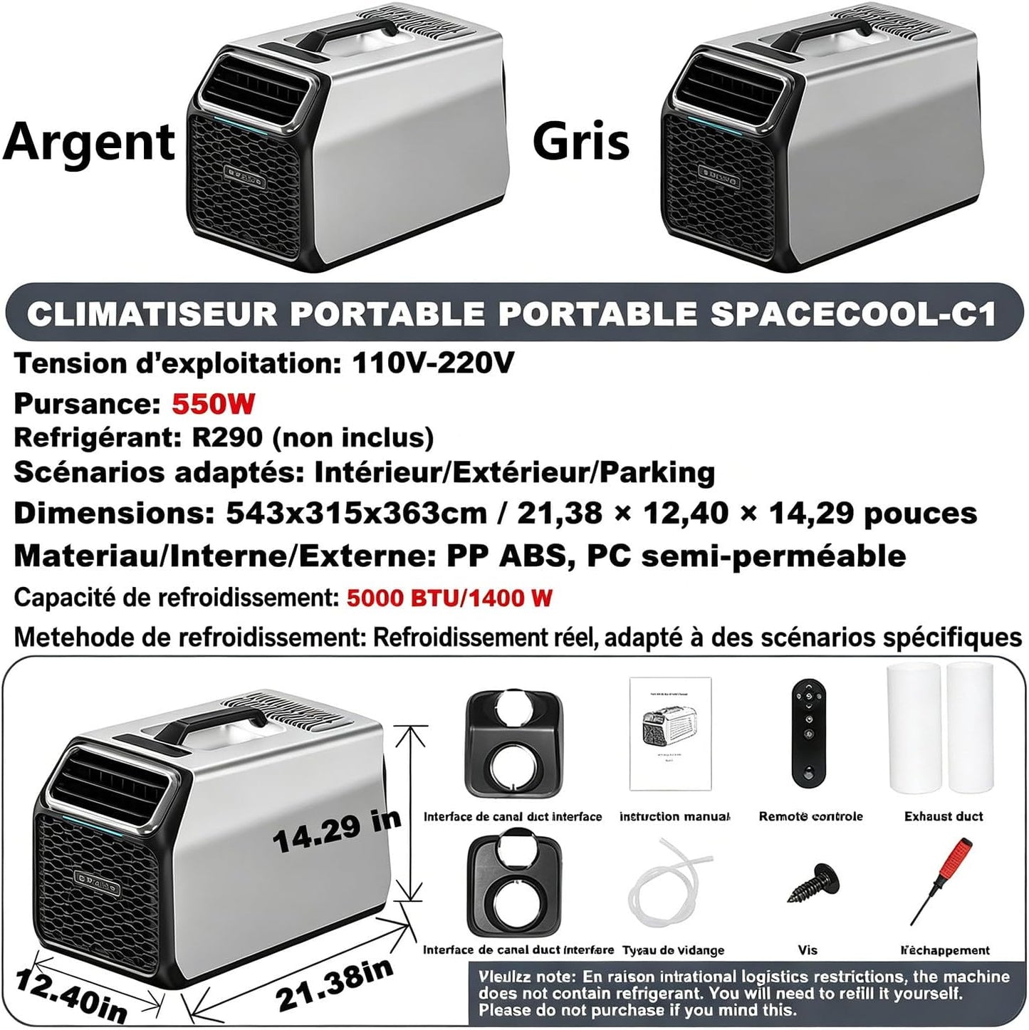  Climatiseur Mobile Silencieux 5000 BTU Pour Camping-Car, Tente Et Camion, Refroidisseur D’Air De Camping Multifonction, Mode Nuit, Minuterie, Télécommande, Usage Intérieur Extérieur Gray